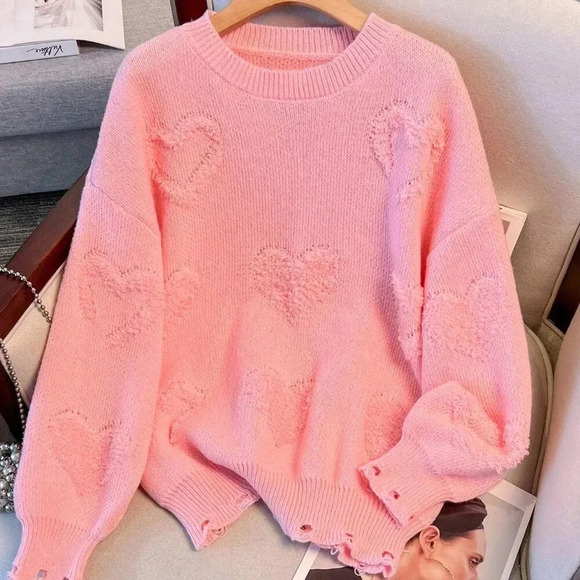 Pink Casual Women's Plus Size Solid Heart Pattern Knitted Sweater - Picture 1 of 8